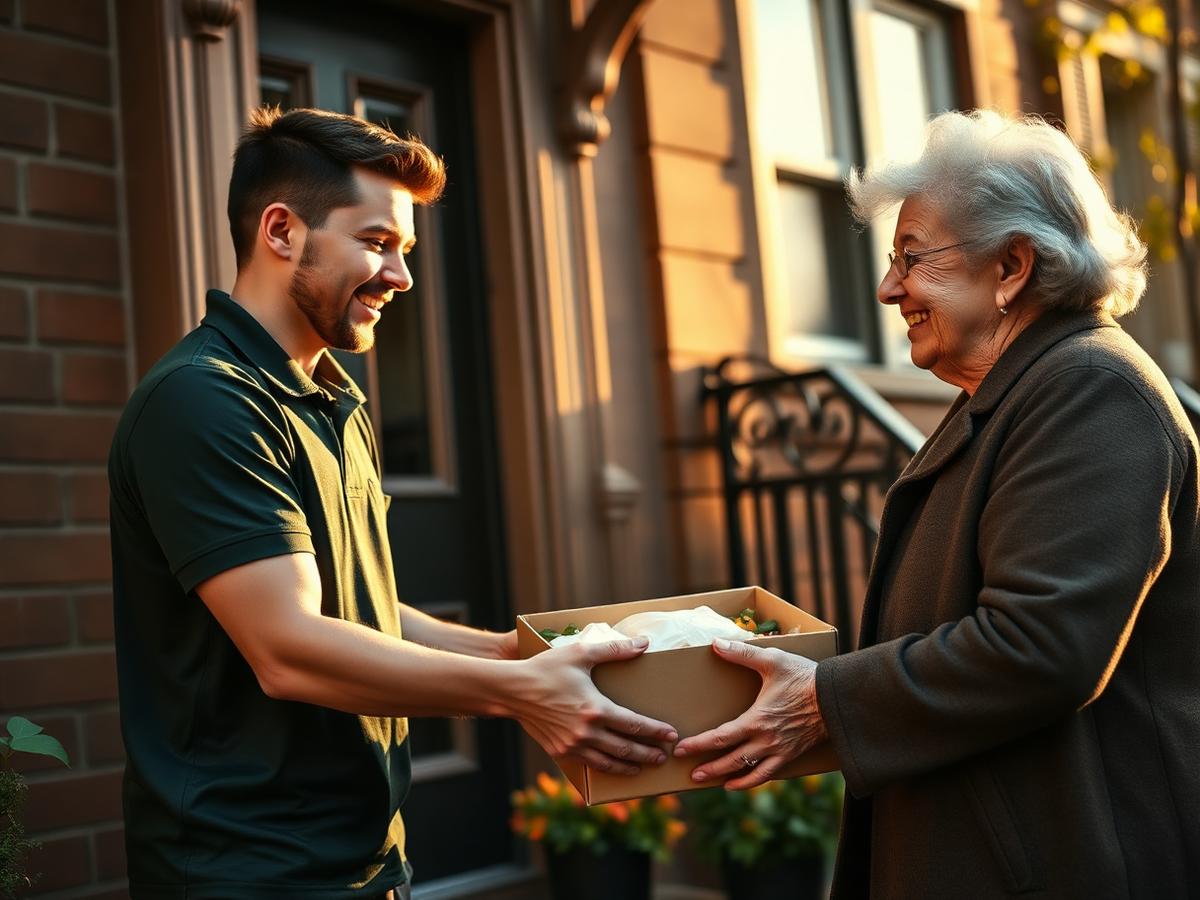 A SocialCare Partners courier handing a fresh meal box to a smiling member at her front door